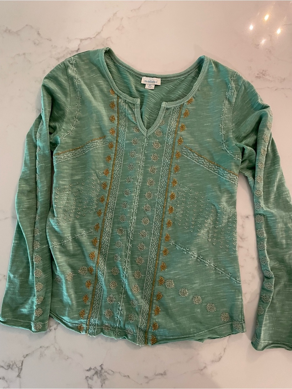 Sundance Sage Green Long Sleeve Embroidered Top
